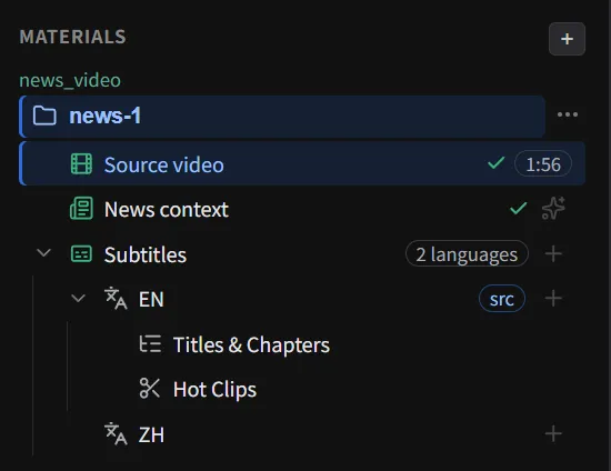 Material tree: source video, news context, bilingual subtitles, chapters and hotclips