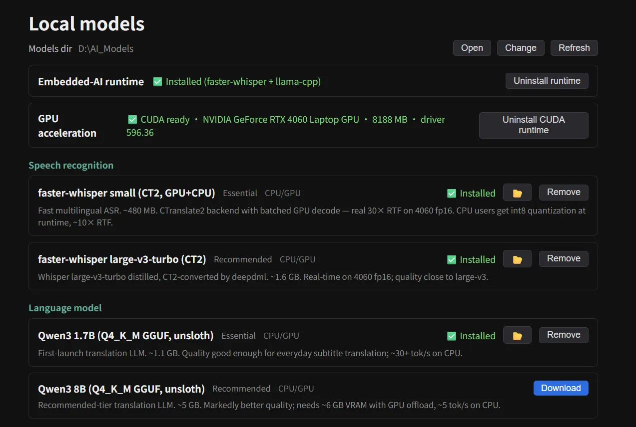 Model Manager listing the embedded AI runtime, GPU acceleration and local ASR / LLM models
