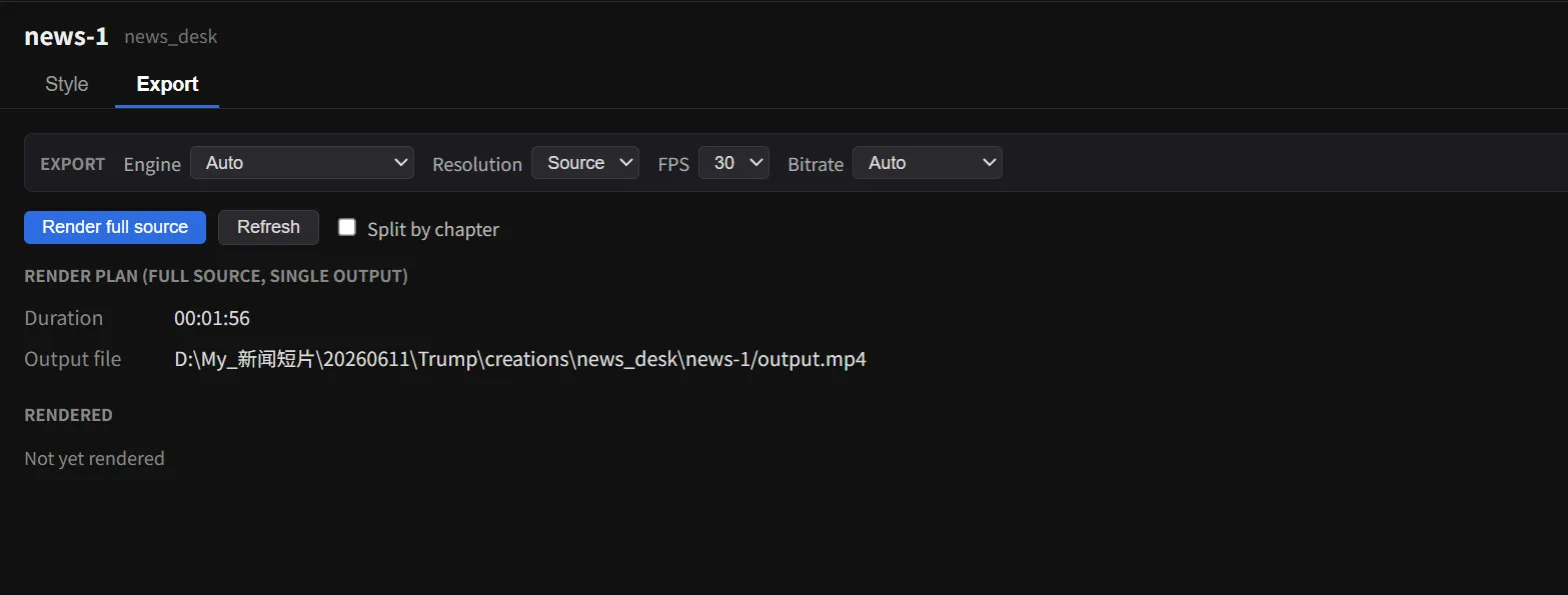 Render and export panel with engine, resolution, fps and bitrate options